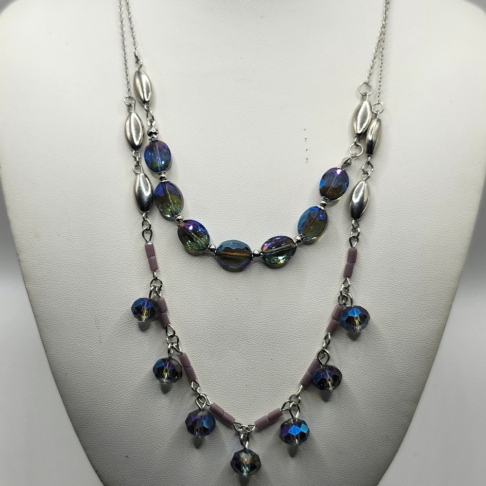 Double Layer Iridescent Aurora Borealis Crystal Bead Silver Tone Necklace